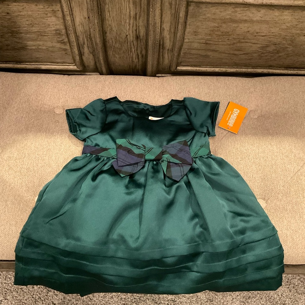 Gymboree Green Satin Dress with Plaid Bow 6-9 months